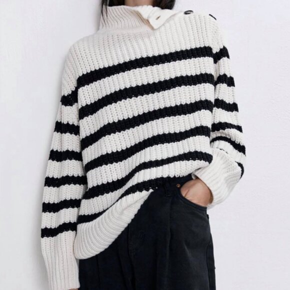 Zara Striped Knit Sweater Button Sleeve White Ecru Black Size Medium - Picture 1 of 8